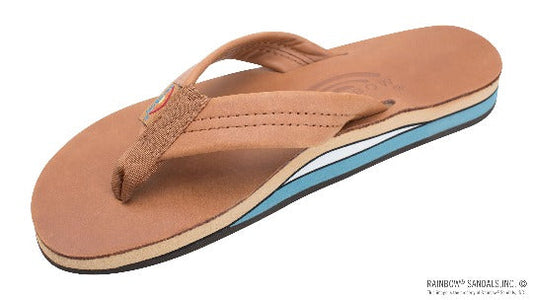 Rainbow Women's 302 Double Layer Leather Flip Flop Sandal — Tan and Blue two-tone strap, extra arch support, coastal colorway
