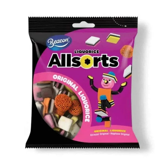 Beacon Liquorice Allsorts 350g bag with colorful, soft, chewy treats.
