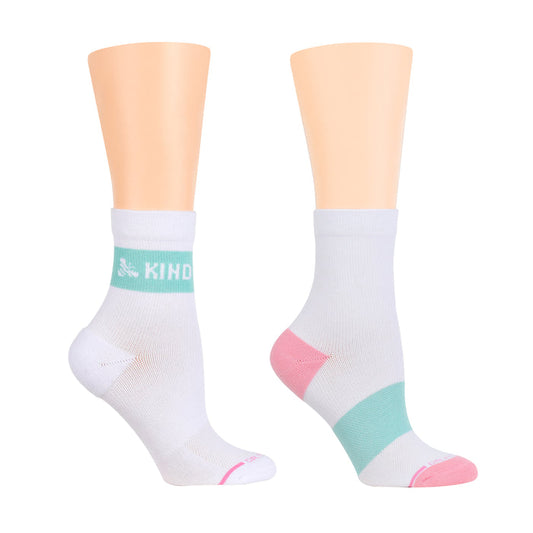 Mid-crew compression socks in white with teal and pink accents, featuring "KIND" text on the cuff.