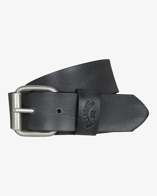 Black leather billabong belt with silver buckle on a light gray background