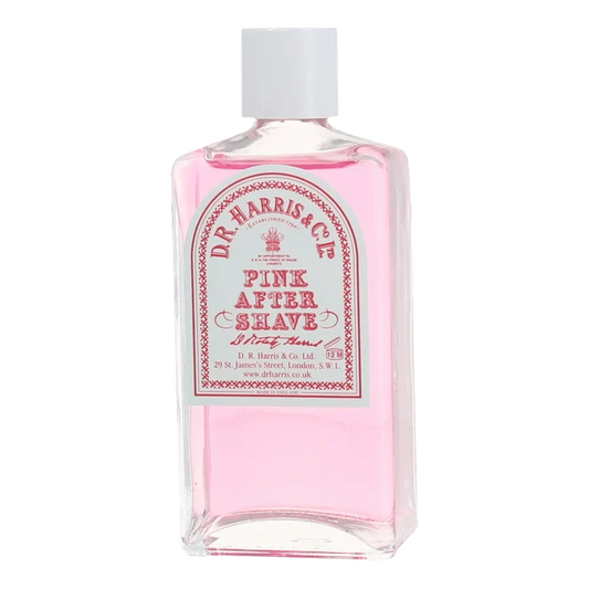 D.R. Harris Pink Aftershave i glassflaske med rosa væske og hvit etikett
