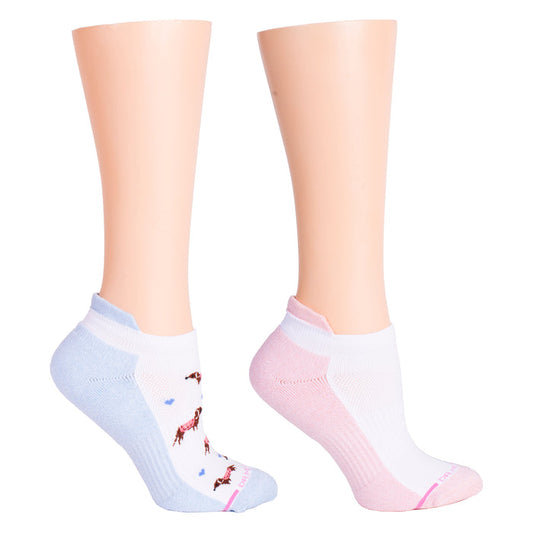Ankle compression socks featuring a dachshund design in blue and pink colors.