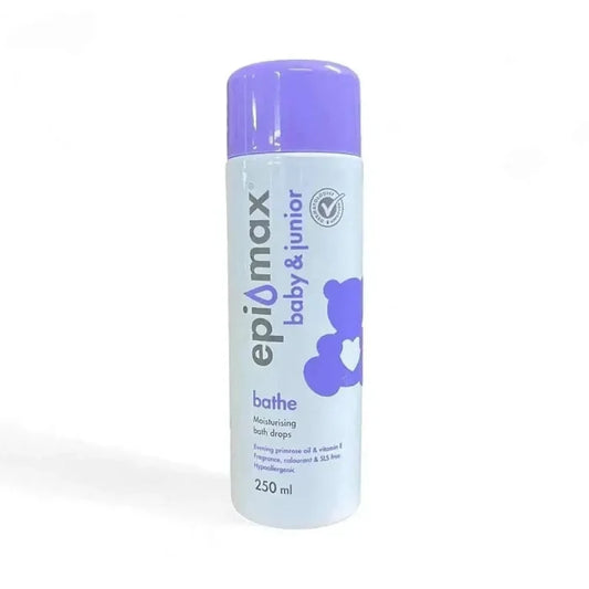 Epimax Baby & Junior Bathe Drops Moisturising 250ml bottle with purple cap.