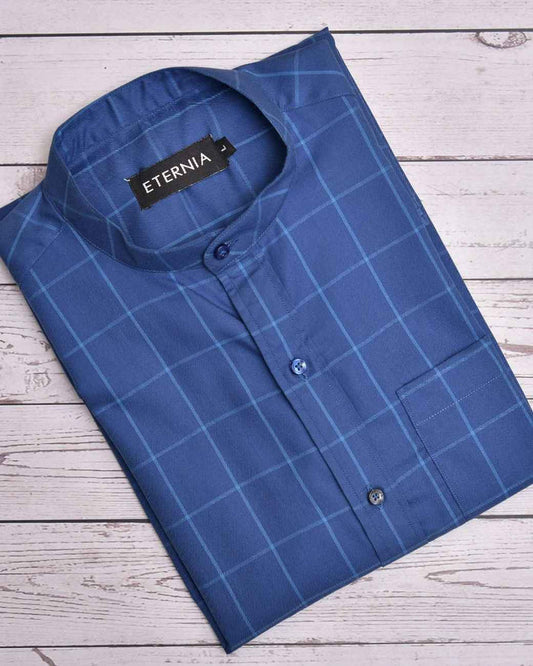 Men’s linen shirt with windowpane check, dark blue, button-down collar