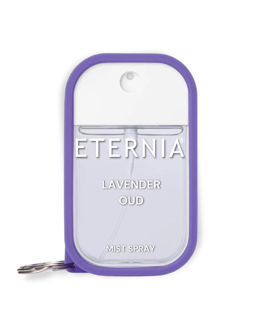 Lavender oud perfume mist spray in purple case, ETERNIA label