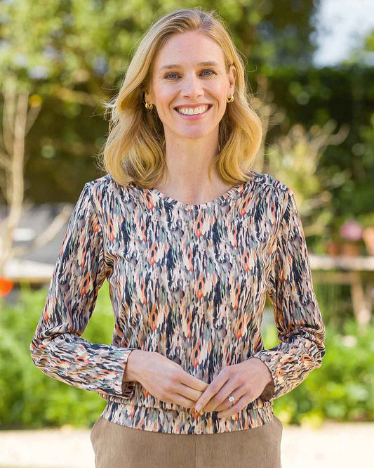 Fern Patterned Cotton Long Sleeve Blouson Top - Country Collection