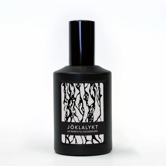 Fischersund Joklalykt black perfume bottle with a white label on a white background