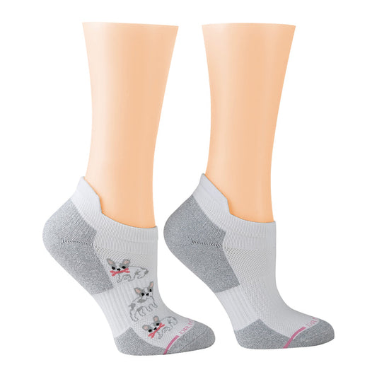 Ankle compression socks with a gray and white design featuring French bulldog illustrations.