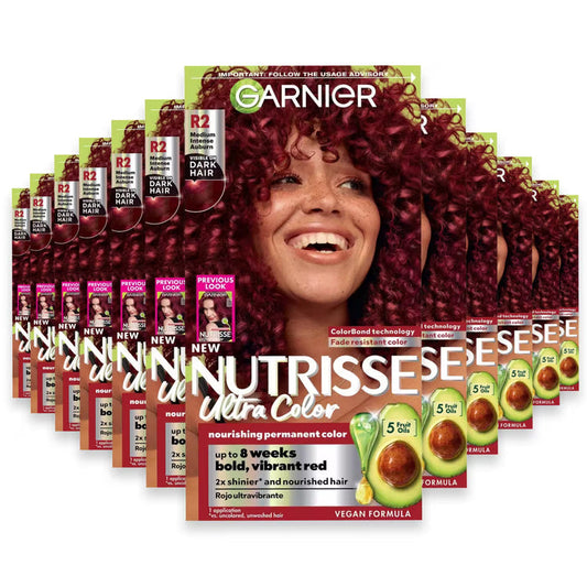 Garnier Nutrisse Ultra Color Permanent Hair Color Kit, #R2 Medium Intense Auburn - 12 Pack