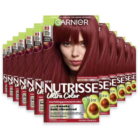 Garnier Nutrisse Ultra Color Permanent Hair Color Kit, #R3 Light Intense Auburn - 12 Pack