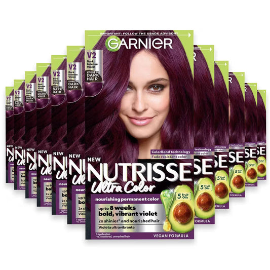 Garnier Nutrisse Ultra Color Permanent Hair Color Kit, #V2 Dark Intense Violet - 12 Pack