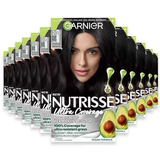 Garnier Nutrisse Ultra Coverage Permanent Hair Color Kit, #200 Ultimate Deep Soft Black - 12 Pack