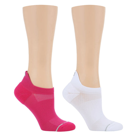 Compression socks in pink and white, designed for performance, displayed on mannequin legs.