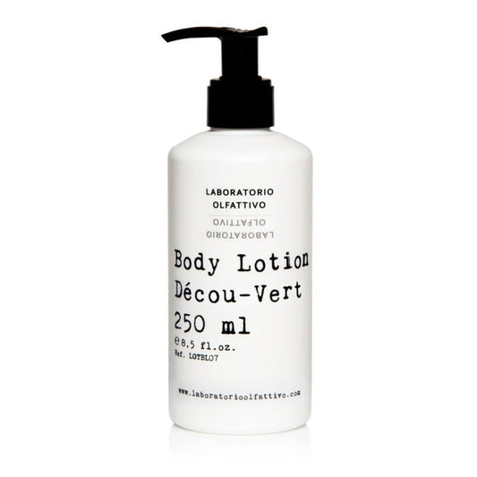 White body lotion bottle with black pump and text on a white background