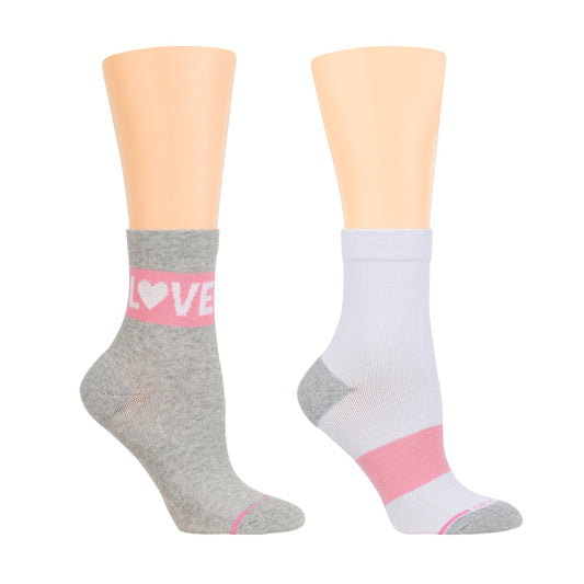Gray and white mid-crew compression socks with pink "LOVE" text and accents.