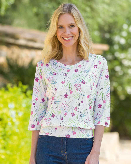 Luna Floral Pure Cotton 3/4 Sleeve Blouson Top - Country Collection