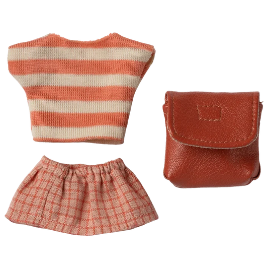 Striped top, skirt, and brown pouch on a white background