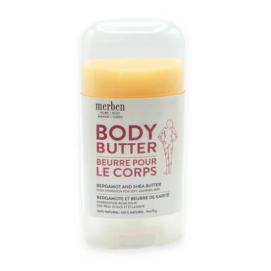 Merben Body Butter stick in a clear plastic container with a white label, photographed on a white background.