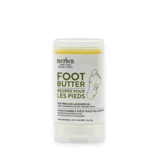Merben Foot Butter stick in a clear plastic container. The label is white with green text and a footprint graphic, on a white background.