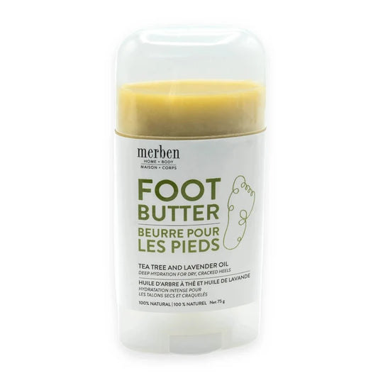 Merben Foot Butter in a clear plastic stick container with a white label on a white background.