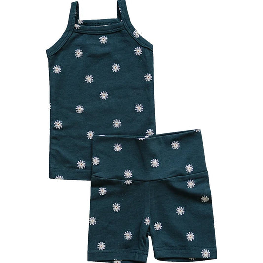 Navy Daisies Tank and Biker Shorts Set