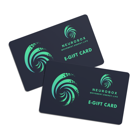 Two NeuroSox E-Gift Cards with green swirl logo and tagline Movement.Energy.Life on dark background.