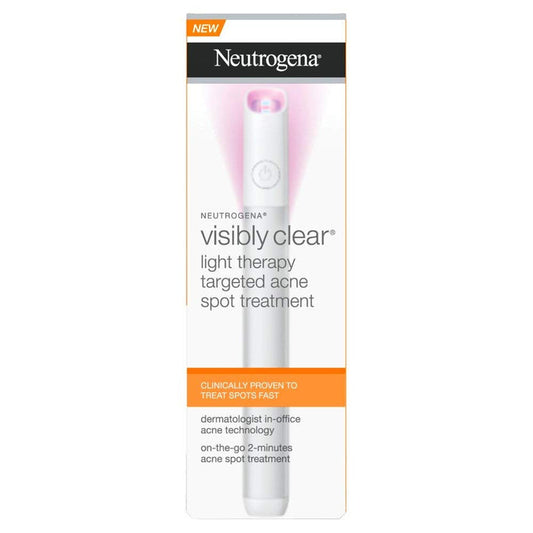 Neutrogena Visibly Clear Light Therapy Acne Spot Treatment device showing a handheld light therapy tool for targeted skin clearings.