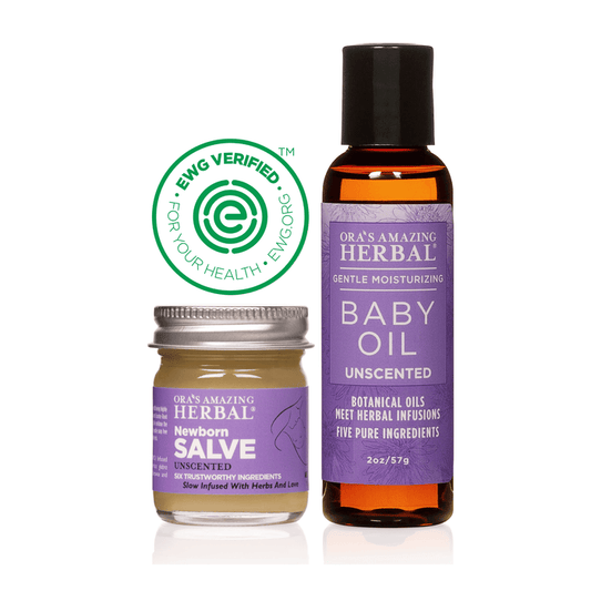 Newborn Salve and Baby Oil Set Travel Size White Background EWG Verified