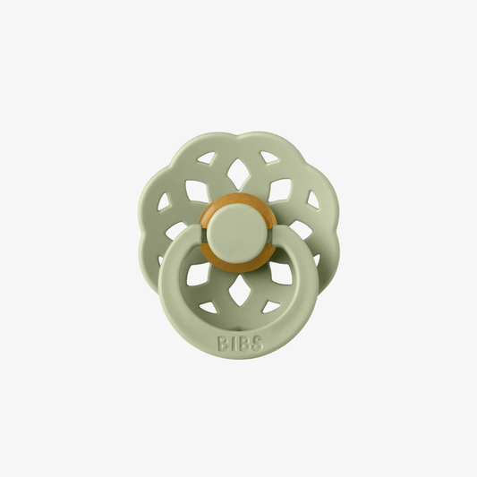 Green and orange pacifier on a white background