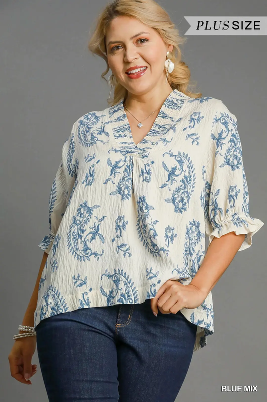 Paisley Print V-Neck Top – Blue Mix