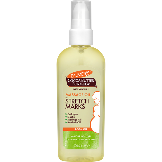 A bottle of Palmer's Cocoa Butter Formula Massage Oil Stretch Marks body oil, featuring a pale yellow liquid, a white spray pump, and a green and orange label, set against a plain white background.