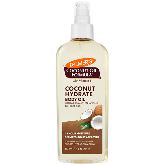 Palmer's Coconut Oil Formula coconut hydrate body oil bottle on a white background