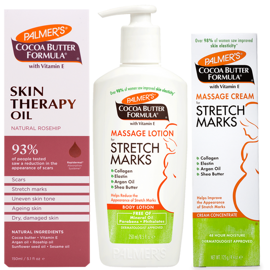 Three Palmer's Cocoa Butter Formula products on a white background: Skin Therapy Oil, Stretch Marks Massage Lotion, and Stretch Marks Massage Cream.