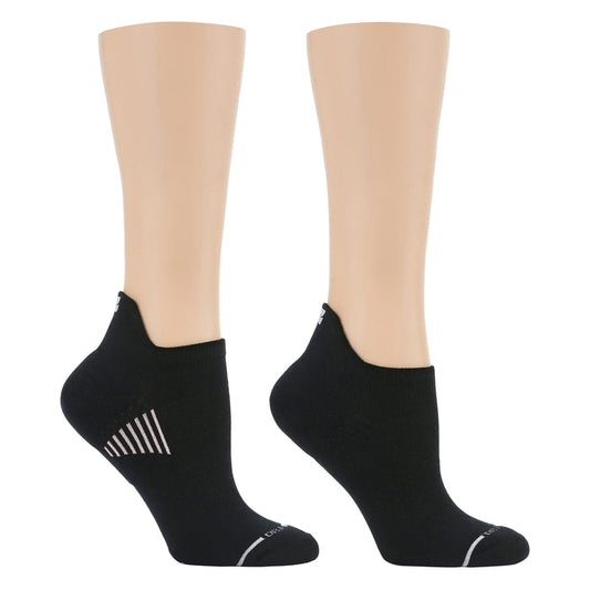 Black ankle compression socks with a textured design and a low-cut style, displayed on a mannequin.