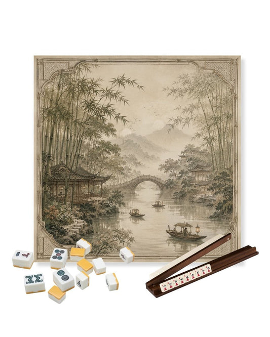 Square table mat with beige riverside artwork and textured edge, 23 x 23 in