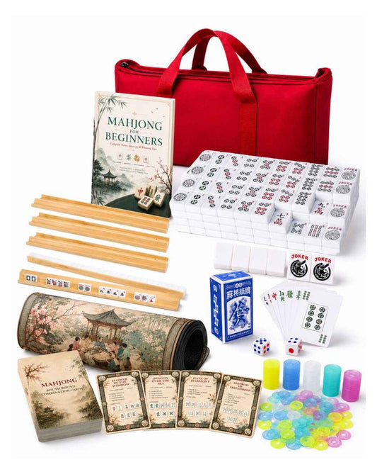 Mahjong set accessories with red carry bag, wooden racks, tiles, and playing cards
