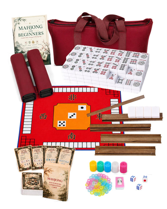 Mahjong beginner kit with red carry bag, white tiles, wooden racks, dice, and cards
