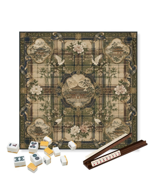 Plaid square table mat with ornate center medallion in dark green and beige, 23x23 in