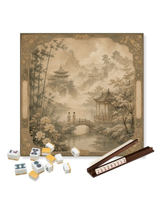 Square table mat with bamboo forest illustration, beige river scene and brown border