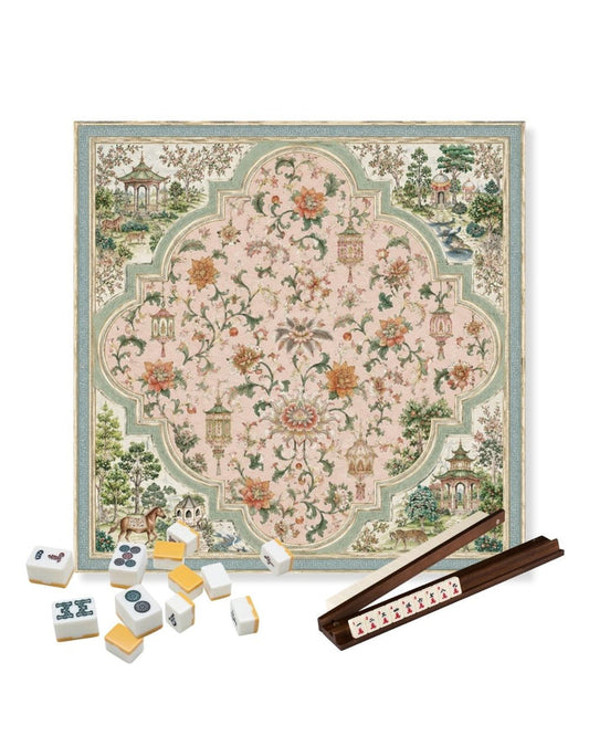 Square mahjong table mat with ornate floral garden pattern, teal frame, non-slip surface.