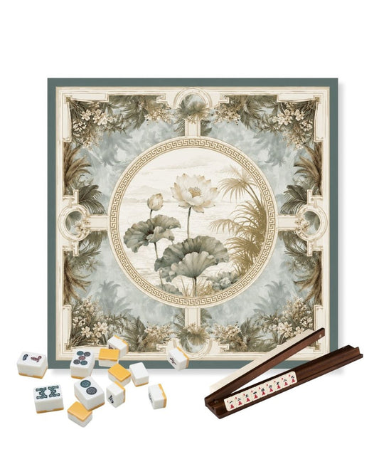 Square decorative table mat with gold lotus medallion and botanical border