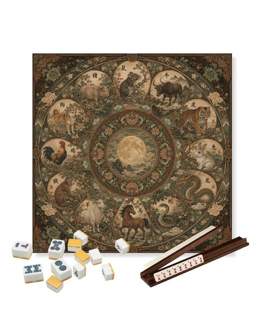 Square mahjong table mat with circular zodiac animal pattern in dark brown and green tones