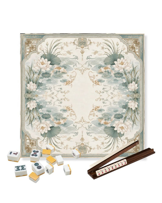 Decorative square mahjong table mat with koi fish and floral border, cream and teal pattern
