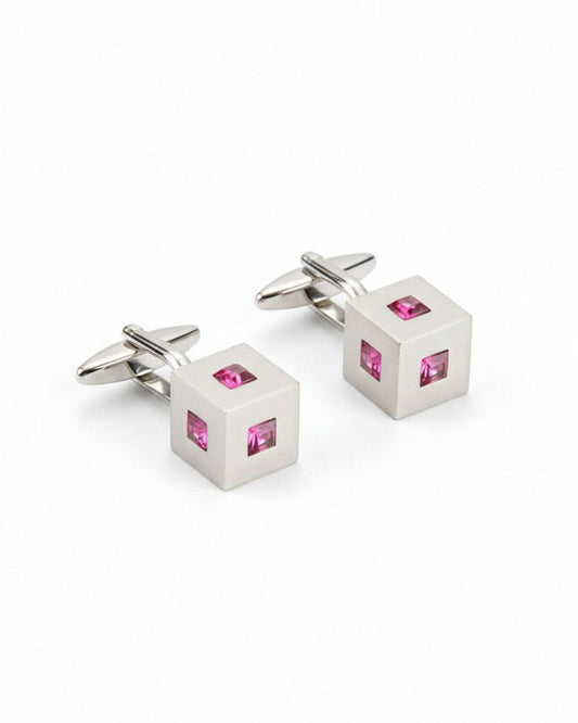 Silver cube cufflinks with pink crystal inlay and hinged bar posts