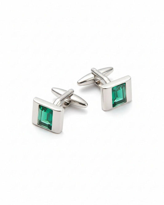 Square cufflinks with emerald-green stone inlay and polished silver frames