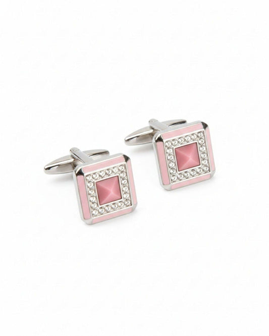 Square silver cufflinks with pink crystal center and pavé border