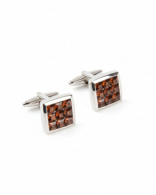 Square silver-tone cufflinks with amber textured crystal grid face