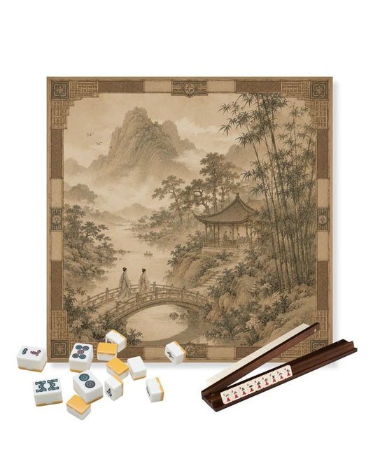 Square gaming table mat with printed Asian landscape scene and decorative border, non-slip surface