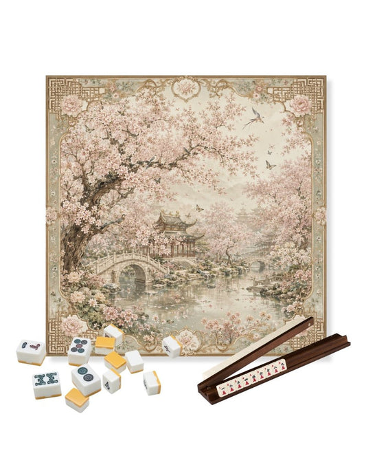 Square mahjong table mat with pink plum blossom scene and decorative border