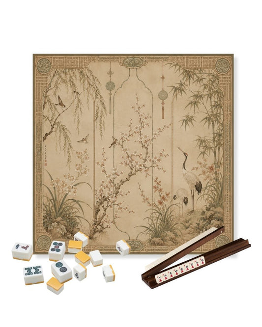 Square silk table mat with beige crane-and-bamboo motif, gold border